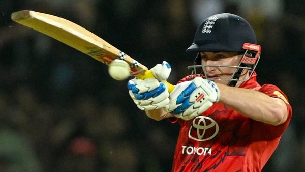England's captain Harry Brook plays a shot during the first Twenty20 international cricket match between Sri Lanka and England at the Pallekele International Cricket Stadium in Kandy on January 30, 2026. (Photo by Ishara S. KODIKARA / AFP)