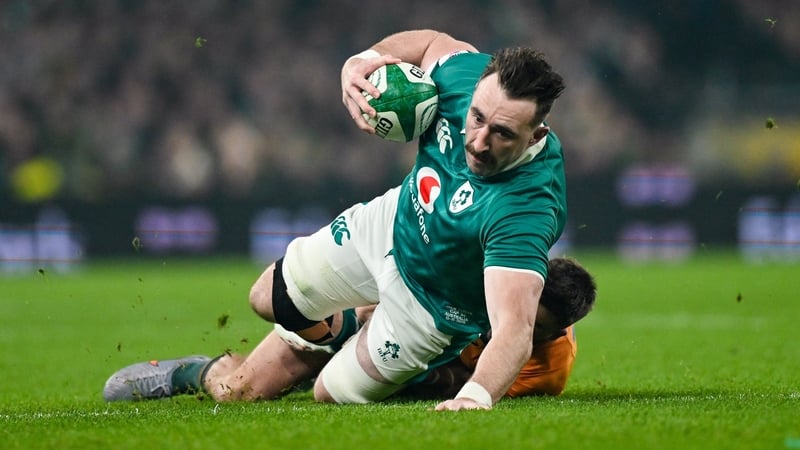 15 November 2025; Jack Conan of Ireland is tackled by Jake Gordon of Australia during the Quilter Nations Series 2025 match between Ireland and Australia at the Aviva Stadium in Dublin. Photo by Ramsey Cardy/Sportsfile