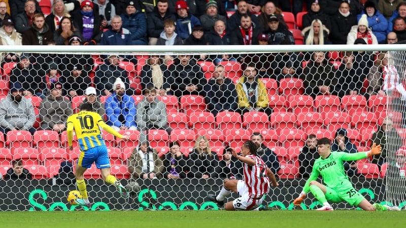STOKE ON TRENT, ENGLAND - JANUARY 31: Finn Azaz of Southampton scores his team's first goal during the Sky Bet Championship match between Stoke City and Southampton at Bet365 Stadium on January 31, 2026 in Stoke on Trent, England. (Photo by Nathan Stirk/G