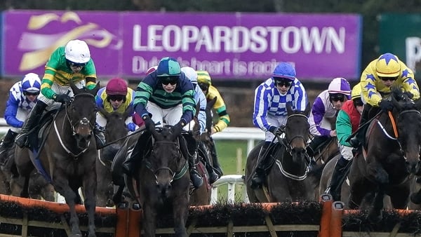 DUBLIN, IRELAND - FEBRUARY 01: Mark Walsh riding Perceval Legallois (green/gold hoops) clear the last to win The Race And Stay At Leopardstown Handicap Hurdle at Leopardstown Racecourse on February 01, 2025 in Dublin, Ireland. (Photo by Alan Crowhurst/Get