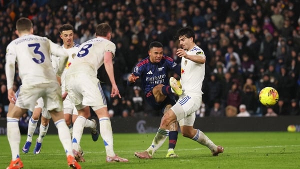 LEEDS, ENGLAND - JANUARY 31: Gabriel Jesus of Arsenal scores his team's fourth goal during the Premier League match between Leeds United and Arsenal at Elland Road on January 31, 2026 in Leeds, England. (Photo by Carl Recine/Getty Images)