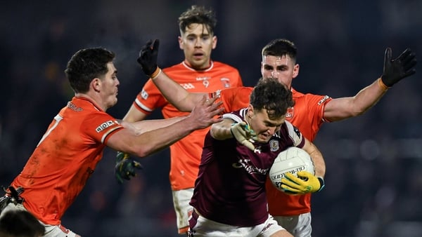 31 January 2026; Robbert Finnerty of Galway is tackled by Jarly Óg Burns of Armagh during the Allianz Football League Division 1 match between Armagh and Galway at BOX-IT Athletic Grounds, Armagh. Photo by Ray McManus/Sportsfile