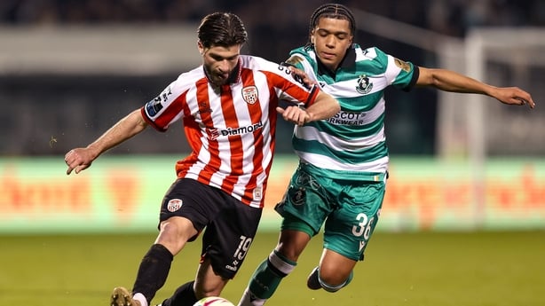 31 January 2026; Brandon Fleming of Derry City in action against Victor Ozhianvuna of Shamrock Rovers during the 2026 Men's President's Cup final match between Shamrock Rovers and Derry City at Tallaght Stadium in Dublin. Photo by Michael P Ryan/Sportsfile