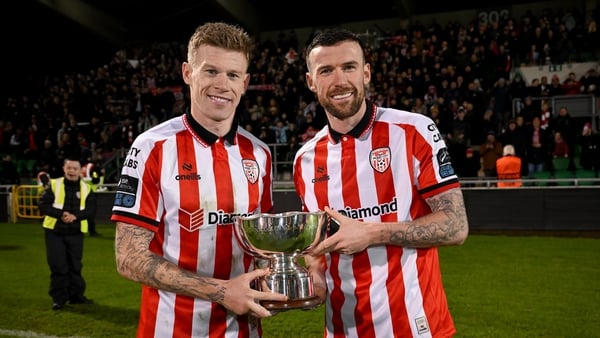 31 January 2026; James McClean, left, and Patrick McClean of Derry City pose with the FAI President's Cup after victory in the 2026 Men's President's Cup final match between Shamrock Rovers and Derry City at Tallaght Stadium in Dublin. Photo by Stephen Mc