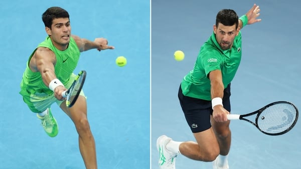 FILE PHOTO (EDITORS NOTE: COMPOSITE OF IMAGES - Image numbers 2259002161, 2257942623) In this composite image a comparison has been made between Carlos Alcaraz of Spain (L) and Novak Djokovic of Serbia. They will meet in the Australian Open Men’s Final on