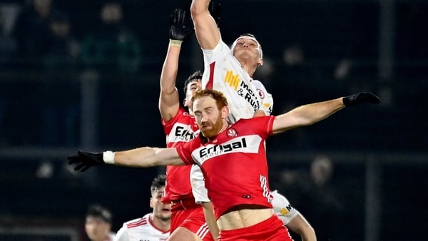 31 January 2026; Conn Kilpatrick of Tyrone in action against Conor Glass of Derry during the Allianz Football League Division 2 match between Derry and Tyrone at Celtic Park in Derry. Photo by Oliver McVeigh/Sportsfile