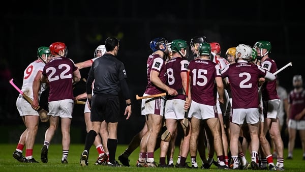 31 January 2026; Players of both side's tussle during the Allianz Hurling League Division 1A match between Galway and Cork at Pearse Stadium in Galway. Photo by Ben McShane/Sportsfile