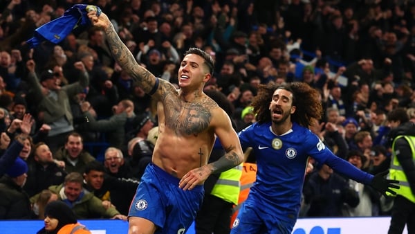 Enzo Fernandez (L) of Chelsea celebrates scoring his side's third goal with team-mate Marc Cucurella during the Premier League match between Chelsea and West Ham United at Stamford Bridge on January 31, 2026 in London