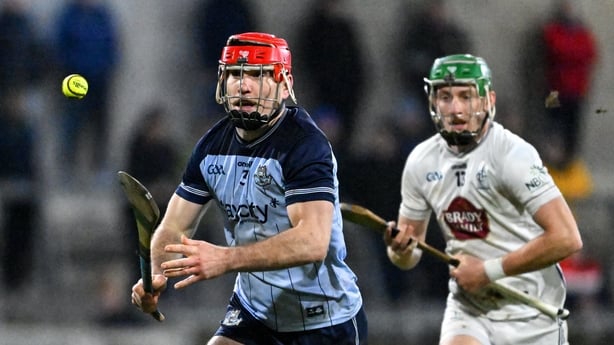 31 January 2026; Paddy Smyth of Dublin in action against Jack Sheridan of Kildare during the Allianz Hurling League Division 1B match between Dublin and Kildare at Parnell Park in Dublin. Photo by Dáire Brennan/Sportsfile