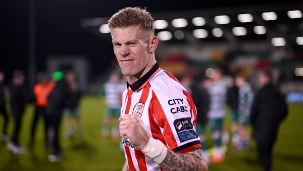 31 January 2026; James McClean of Derry City celebrates after the 2026 Men's President's Cup final match between Shamrock Rovers and Derry City at Tallaght Stadium in Dublin. Photo by Stephen McCarthy/Sportsfile