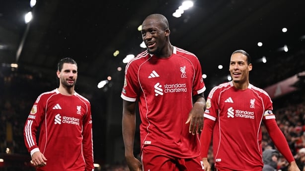  Ibrahima Konate of Liverpool celebrates scoring his team's fourth goal with teammates Dominik Szoboszlai and Virgil van Dijk during the Premier League match between Liverpool and Newcastle United at Anfield on January 31, 2026 in Liverpool, England