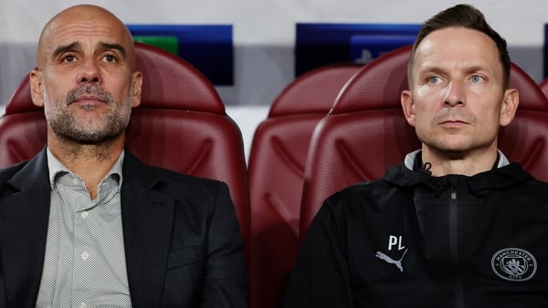Coach Pep Guardiola of Manchester City, assistant trainer Pepijn Lijnders of Manchester City during the UEFA Champions League match between AS Monaco v Manchester City at the Stade Louis II on October 1, 2025 in Monaco Monaco