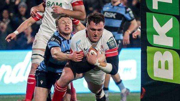 31 January 2026; Angus Bell of Ulster scores his side's second try during the United Rugby Championship match between Ulster and Cardiff at Affidea Stadium in Belfast. Photo by John Dickson/Sportsfile