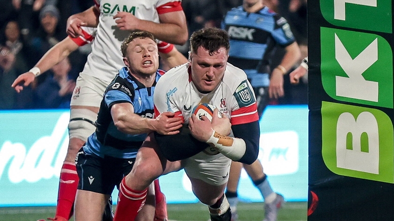 31 January 2026; Angus Bell of Ulster scores his side's second try during the United Rugby Championship match between Ulster and Cardiff at Affidea Stadium in Belfast. Photo by John Dickson/Sportsfile