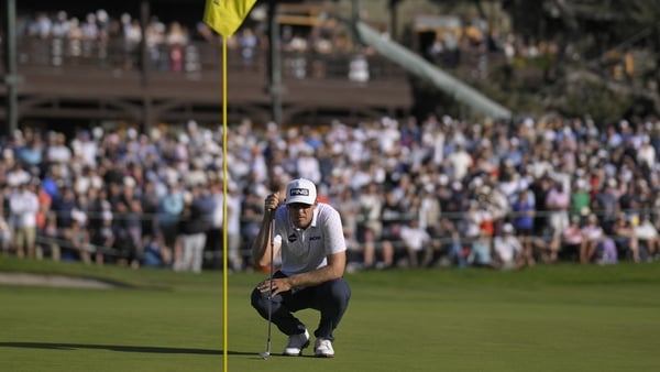 Seamus Power of Ireland lines up a putt on the 18th green during the third round of the Farmers Insurance Open 2026 at Torrey Pines South Course on January 31, 2026 in La Jolla, California