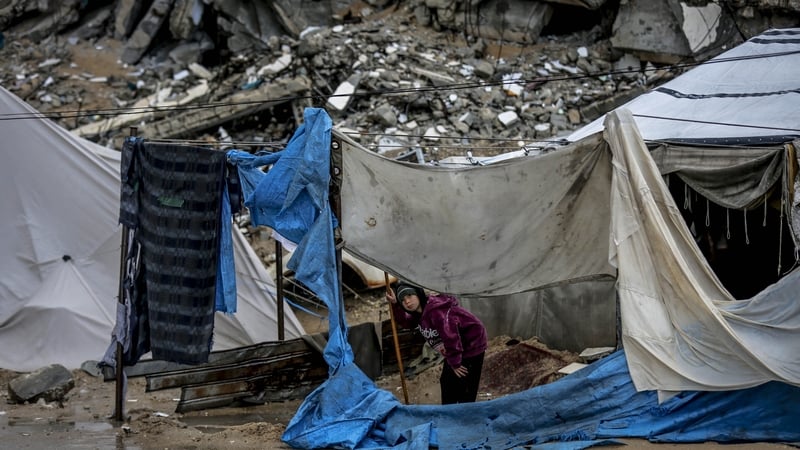 Palestinians struggle as heavy rain and storms damage their tents in al-Maqusi area north of Gaza City