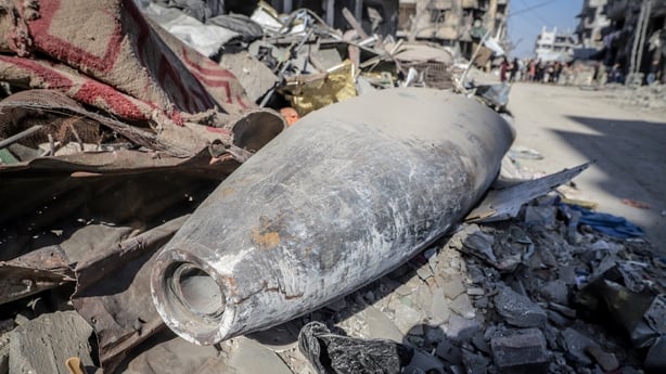 GAZA STRIP - OCTOBER 30: A view of unexploded munitions left by Israeli strikes may cause deadly risk to civilians at the Al-Jalaa street remains awaiting for disposal in Gaza Strip on October 30, 2025. (Photo by Saeed M. M. T. Jaras/Anadolu via Getty Images)