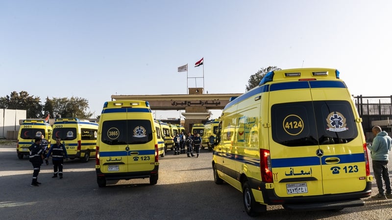 RAFAH, EGYPT - FEBRUARY 01: Ambulances stand at the border crossing on February 1, 2026 in Rafah, Egypt. It was announced on Friday that the Rafah border crossing between Egypt and Gaza will reopen on Monday, with Sunday being a trial day for testing the