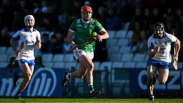 1 February 2026; Barry Nash of Limerick races clear of Jamie Barron and Reuben Halloran of Waterford, 13, during the Allianz Hurling League Division 1A match between Waterford and Limerick at Azzurri Walsh Park in Waterford. Photo by Ray McManus/Sportsfil
