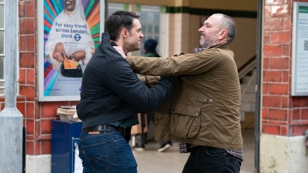 (L-R) Mark Fowler Jr (Stephen Aaron-Sipple) and Ross (Alex Walkinshaw) grab each other: Photo: BBC/Jack Barnes/Kieron McCarron