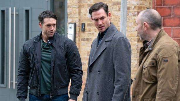 (L-R) Mark Fowler Jr (Stephen Aaron-Sipple), Zack Hudson (James Farrar), and Ross (Alex Walkinshaw) have words: Photo: BBC/Jack Barnes/Kieron McCarron