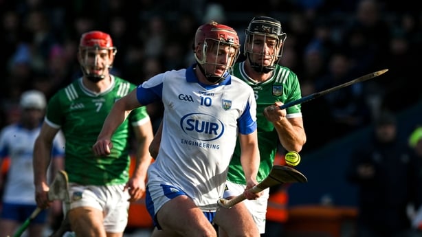 1 February 2026; Calum Lyons of Waterford races clear of Diarmaid Byrnes and Mike Casey of Limerick, left, during the Allianz Hurling League Division 1A match between Waterford and Limerick at Azzurri Walsh Park in Waterford. Photo by Ray McManus/Sportsfile