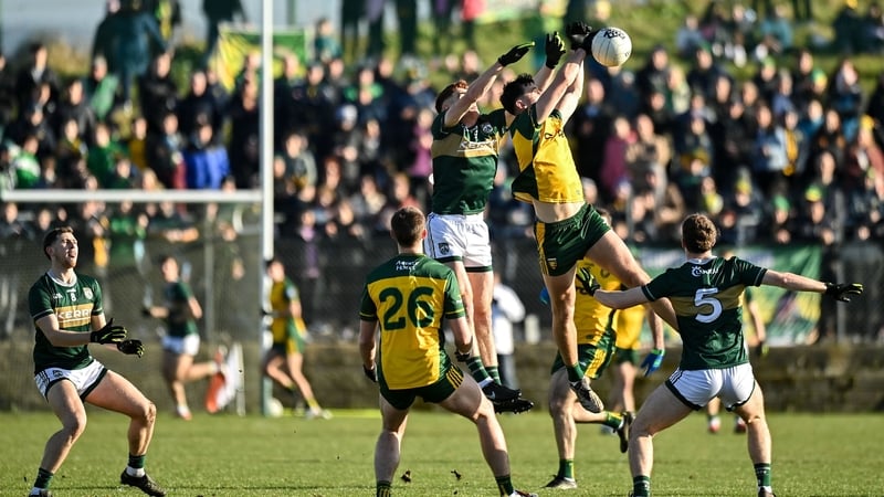 1 February 2026; Jason McGee of Donegal in action against Sean O'Brien of Kerry during the Allianz Football League Division 1 match between Donegal and Kerry at Fr Tierney Park in Ballyshannon, Donegal. Photo by Oliver McVeigh/Sportsfile