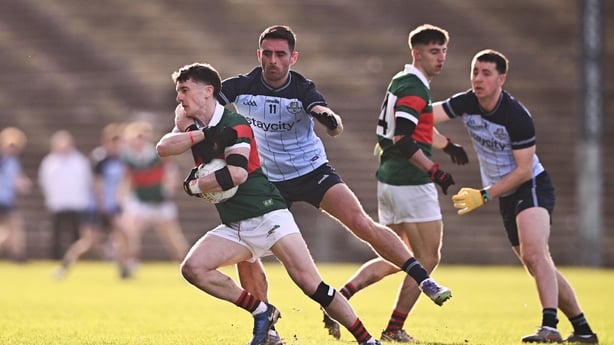 1 February 2026; Jack Coyne of Mayo is tackled by Niall Scully of Dublin during the Allianz Football League Division 1 match between Mayo and Dublin at the Hastings Insurance MacHale Park in Castlebar, Mayo. Photo by Ben McShane/Sportsfile