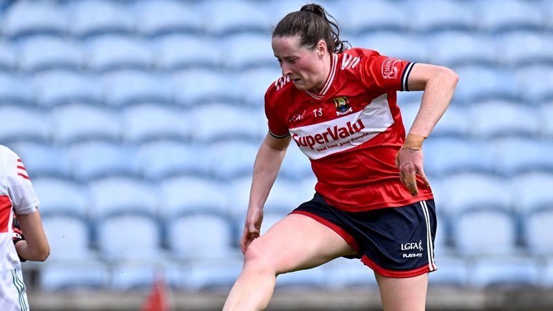 21 June 2025; Áine O'Sullivan of Cork has her shot on goal saved by Mayo goalkeeper Julia Gawalkiewicz during the TG4 All-Ireland Ladies Football Senior Championship Group 2 match between Mayo and Cork at Hastings Insurance MacHale Park in Castlebar, Mayo