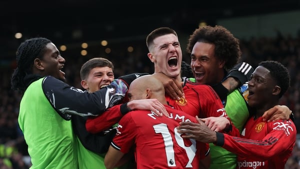 MANCHESTER, ENGLAND - FEBRUARY 01: Benjamin Sesko of Manchester United celebrates with teammates after scoring their side's third goal during the Premier League match between Manchester United and Fulham at Old Trafford on February 01, 2026 in Manchester,
