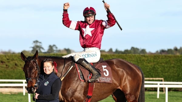 1 February 2026; Jockey Jack Kennedy celebrates on Brighterdaysahead after winning the Timeless Sash Windows Irish Champion Hurdle during day one of the Dublin Racing Festival at Leopardstown Racecourse in Dublin. Photo by Thomas Doolin/Sportsfile