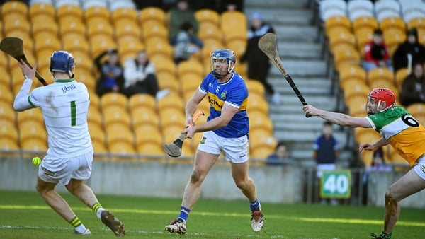 1 February 2026; Jason Forde of Tipperary scores the fifth goal against Offaly during the Allianz Hurling League Division 1A match between Offaly and Tipperary at Glenisk O'Connor Park in Tullamore, Offaly. Photo by Matt Browne/Sportsfile