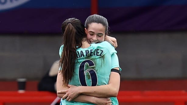 Freya Godfrey of London City Lionesses celebrates scoring her team's second goal with teammate Maria Perez during the Barclays Women's Super League match between Brighton & Hove Albion and London City Lionesses at Broadfield Stadium on February 01, 2026 in Crawley, England. 