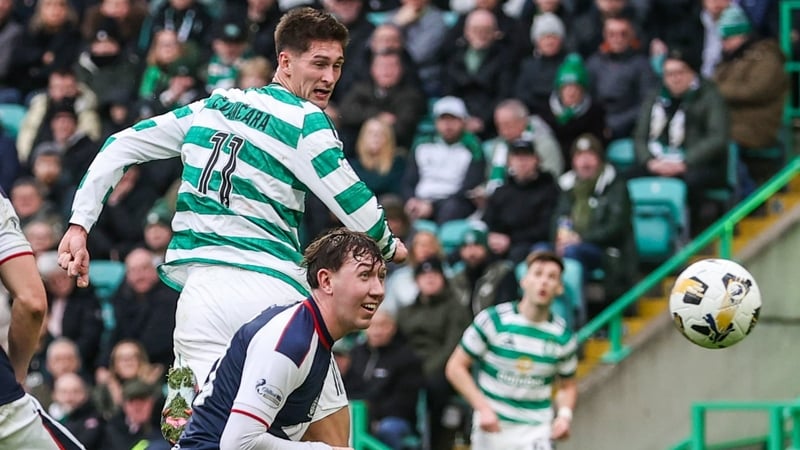 Celtic's Tomas Cvancara scores to make it 1-0 during a William Hill Premiership match between Celtic and Falkirk at Celtic Park, on February 01, 2026, in Glasgow, Scotland.