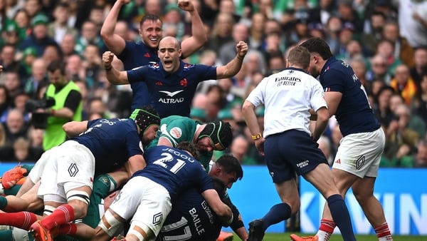 8 March 2025; France players, including Maxime Lucu, centre, celebrate as they hold the grounding of the ball to prevent an Ireland try during the Guinness Six Nations Rugby Championship match between Ireland and France at the Aviva Stadium in Dublin. Pho