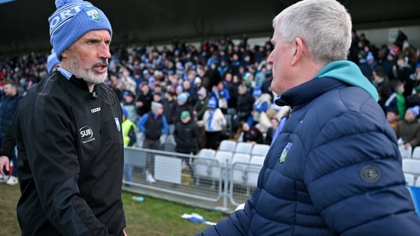 1 February 2026; Waterford manager Peter Queally and Limerick manager John Kiely shake hands after the Allianz Hurling League Division 1A match between Waterford and Limerick at Azzurri Walsh Park in Waterford. Photo by Ray McManus/Sportsfile