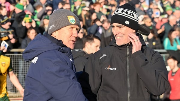 1 February 2026; Kerry manager Jack O'Connor and Donegal manager Jimmy McGuinness greet each other after the Allianz Football League Division 1 match between Donegal and Kerry at Fr Tierney Park in Ballyshannon, Donegal. Photo by Oliver McVeigh/Sportsfile