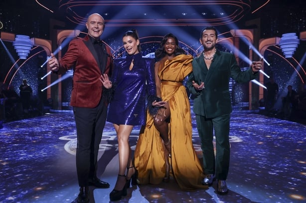 Judges Brian Redmond,Karen Byrne,Oti Mabuse, and Arthur Gourounlian during the live show of RTE's Dancing With The Stars.Pic:Kyran O'Brien /kobpixNO FEE FOR REPRO During show run++++++FEE applies to Photographs used after Show run finishes.++++++++++