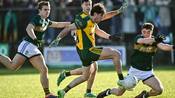 1 February 2026; Daire Ó Baoill of Donegal on his way scoring his sides first goal during the Allianz Football League Division 1 match between Donegal and Kerry at Fr Tierney Park in Ballyshannon, Donegal. Photo by Oliver McVeigh/Sportsfile