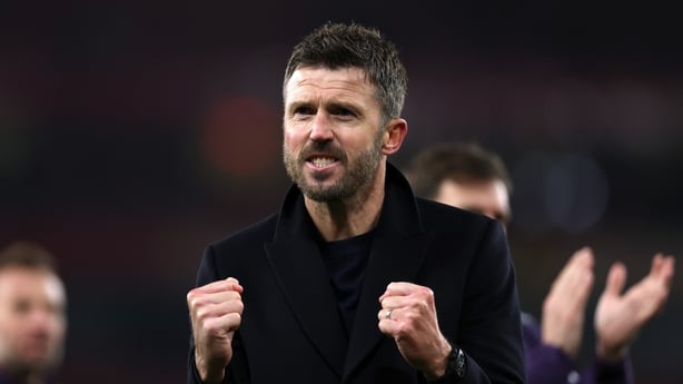 LONDON, ENGLAND - JANUARY 25: Michael Carrick, Head Coach of Manchester United, celebrates as he shows appreciation to the fans following the team's victory in the Premier League match between Arsenal and Manchester United at Emirates Stadium on January 25, 2026 in London, England. (Photo by Justin 