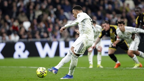 Kylian Mbappe of Real Madrid scores a goal during the La Liga 2025/26 match between Real Madrid and Rayo Vallecano at Santiago Bernabeu Stadium in Madrid, Spain, on February 1.