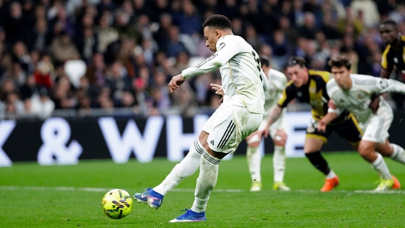 Kylian Mbappe of Real Madrid scores a goal during the La Liga 2025/26 match between Real Madrid and Rayo Vallecano at Santiago Bernabeu Stadium in Madrid, Spain, on February 1.