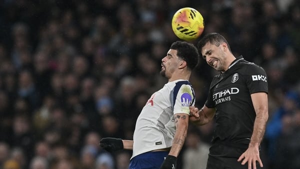 LONDON, ENGLAND - FEBRUARY 1: Dominic Solanke of Tottenham Hotspur and Rodri of Manchester City battle for the ball during the Premier League match between Tottenham Hotspur and Manchester City at Tottenham Hotspur Stadium on February 1, 2026 in London, E