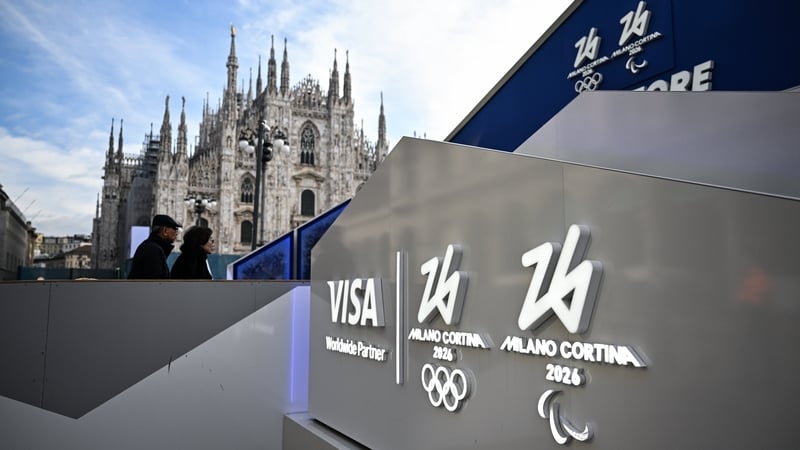 Signage is seen in front of the megastore in Piazza Duomo ahead of the Milano Cortina 2026 Winter Olympics in Milan, Italy. Photo by David Fitzgerald/Sportsfile