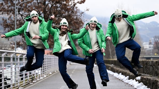 Team Ireland athletes, from left, cross-country skiier Thomas Maloney Westgaard, alpine skiiers Anabelle Zurbay and Cormac Comerford and freestyle half-pipe skiier Ben Lynch during the Milano Cortina 2026 content capture day ahead of the Winter Olympic Games in Bolzano, Italy. Photo by David Fitzger