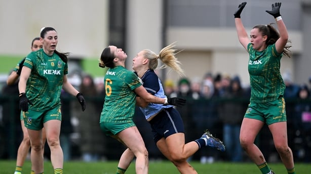 2 February 2026; Jodi Egan of Dublin is tackled by Sarah Wall of Meath during the Lidl Ladies National Football League Division 1 Round 2 match between Meath and Dublin at St Patrick's GFC in Stamullen, Meath. Photo by Ray McManus/Sportsfile 