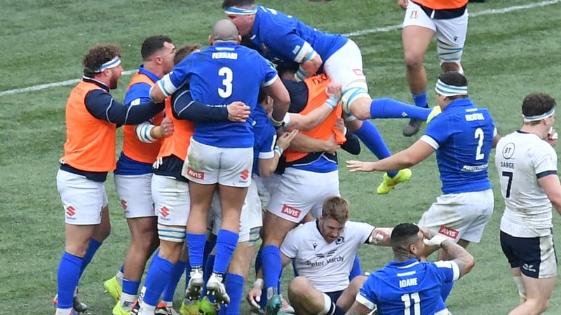 Italy player Louis Lynagh celebrates