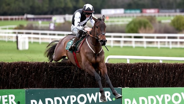 Romeo Coolio, with Jack Kennedy up, jump the last on their way to winning the Goffs Irish Arkle Novice Steeplechase during day two of the Dublin Racing Festival at Leopardstown Racecourse in Dublin. Photo by Thomas Doolin/Sportsfile
