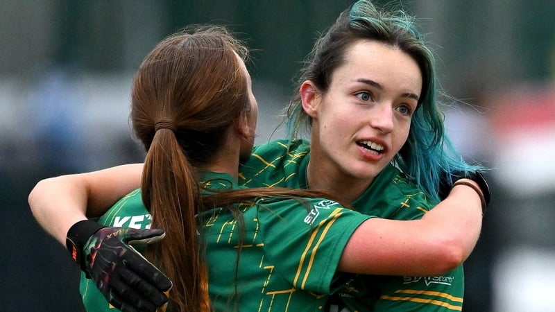 2 February 2026; Katie Bermingham of Meath celebrates with Ciara Lawlor, left, after the Lidl Ladies National Football League Division 1 Round 2 match between Meath and Dublin at St Patrick’s GFC in Stamullen, Meath. Photo by Ray McManus/Sportsfile