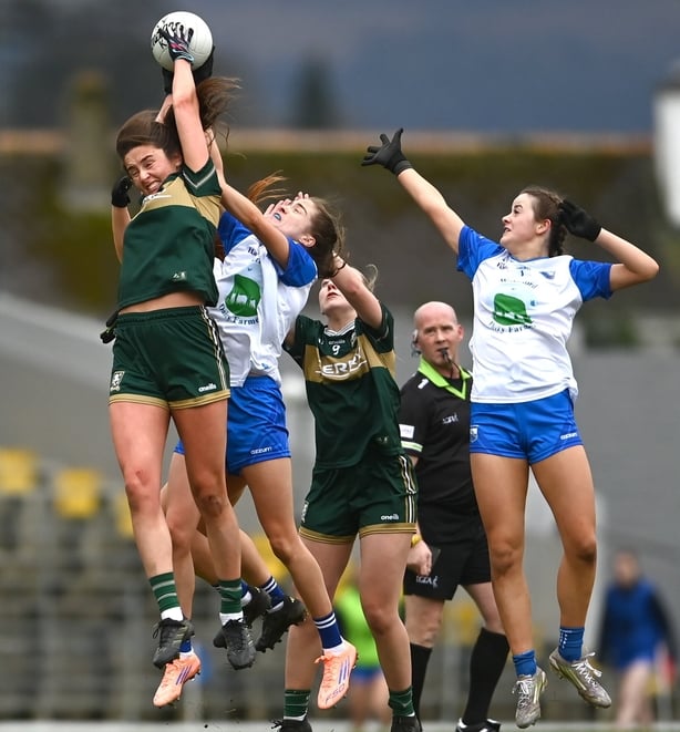 2 February 2026; Mary O'Connell of Kerry and Emma Murray of Waterford contest a kickout during the Lidl Ladies National Football League Division 1 Round 2 match between Kerry and Waterford at Fitzgerald Stadium in Killarney, Kerry. Photo by Tom Beary/Sportsfile 